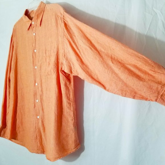 Murano European Fabric Mens XL Linen Long Sleeve Orange Peach Button-Up Shirt - Picture 4 of 12